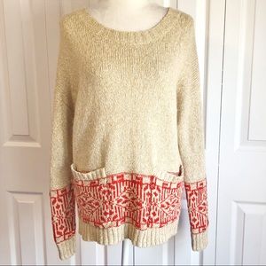 UO Ecote Tan & Red Print Wool Blend Sweater w/ Pockets Medium